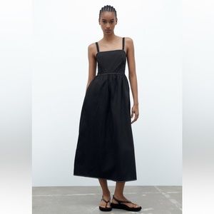 Zara Black Cotton Midi Dress with Contrasting White Stitch and Pockets BWT